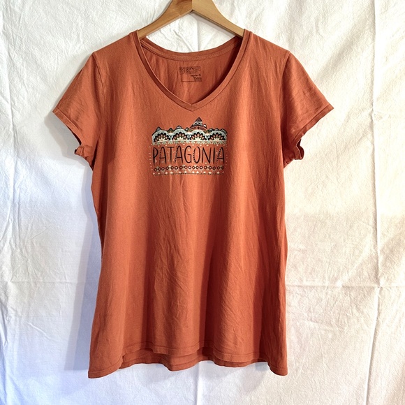 Patagonia Fitz Roy Graphic Short Sleeve V Neck Tee Shirt - L - Picture 2 of 16